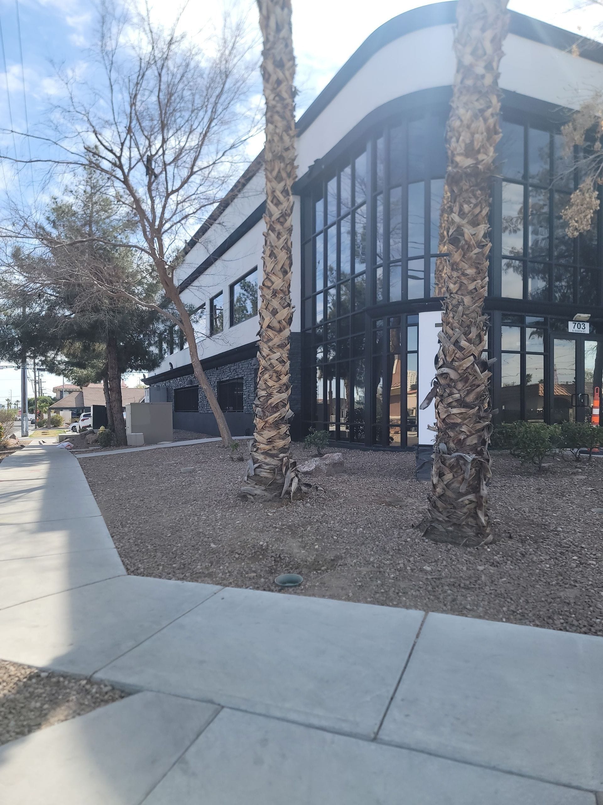 A modern building with large windows and a curved roof, behind a sidewalk and palm trees.